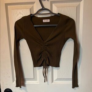 Simons Brown Long Sleeve Crop Blouse with Tie Front
